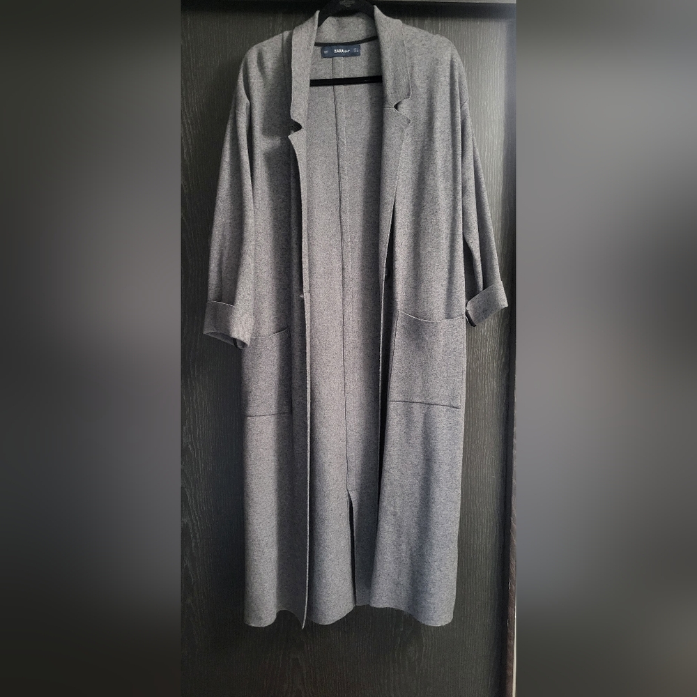 Zara Long Knit Coat with Draped Neck Gray Longline Coat With Front Pockets Sz L